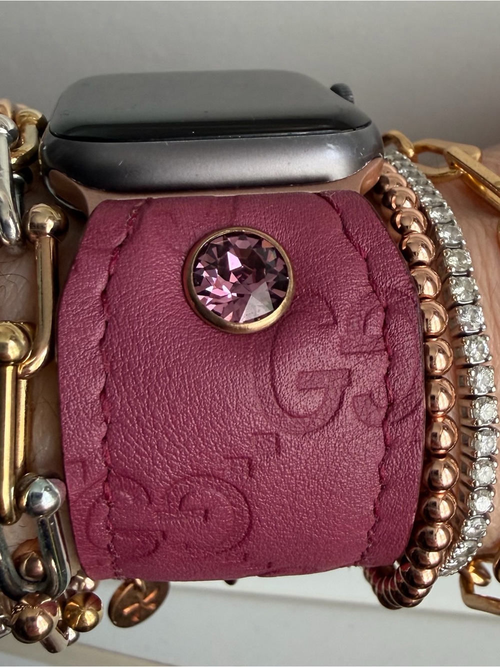 Upcycled raspberry Gucci leather Spark*l band for Apple Watch, size 2